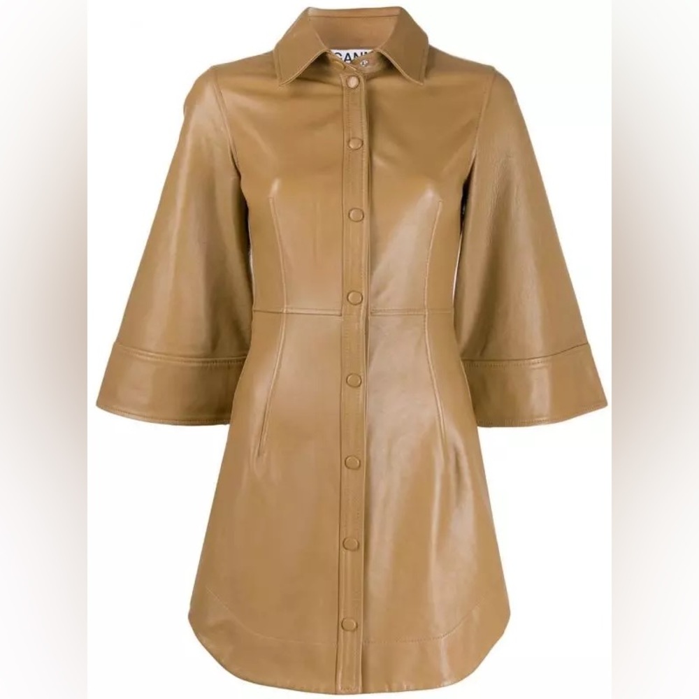 Ganni 100% Lambskin Fitted Mini Shirt Dress in Camel Women’s 38 (US Medium)